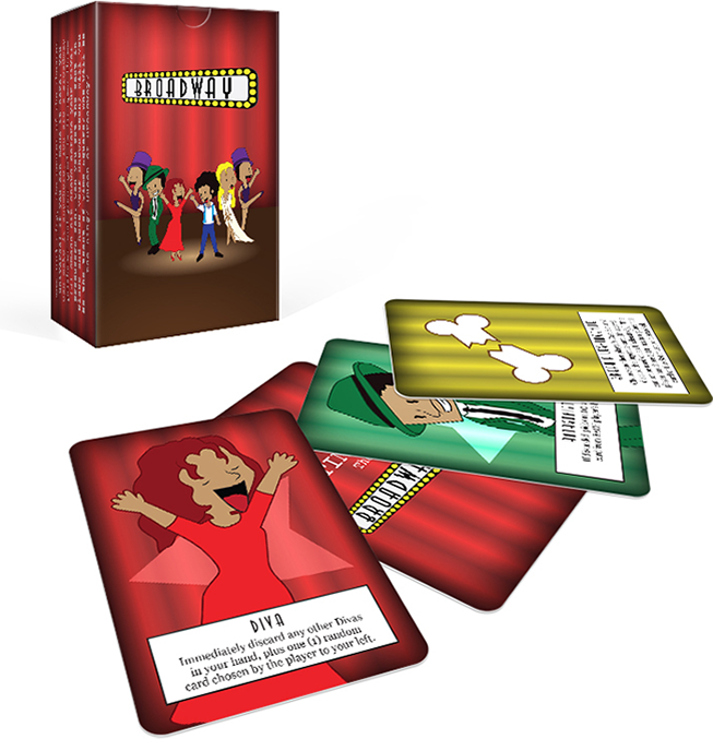The box and four sample cards for the card game Casting Call: Broadway