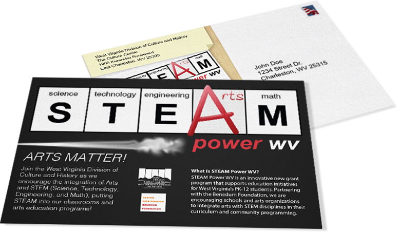 Two informational postcards for The West Virginia Division of Culture and History's STEAM Power WV grant program