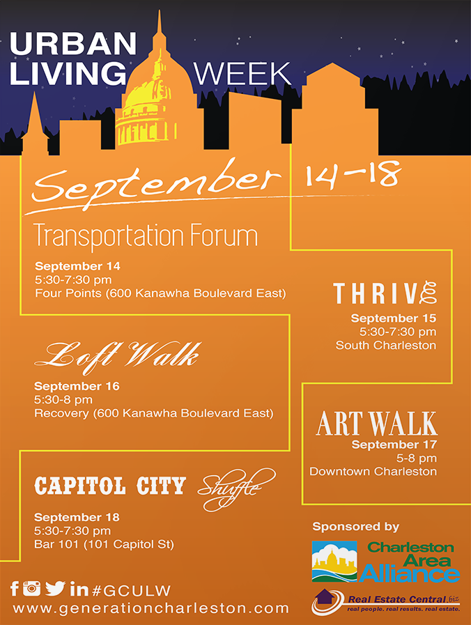 A poster advertising the events for Charleston West Virginia's 2015 Urban Living Week