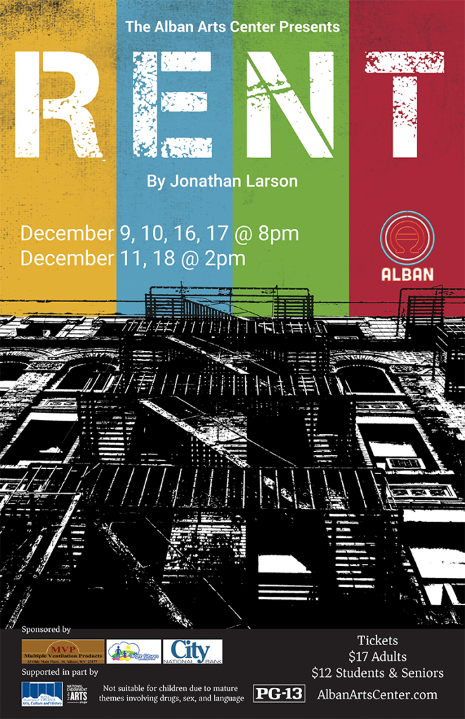 Theater poster for the Alban Arts Center 2023 production of Rent