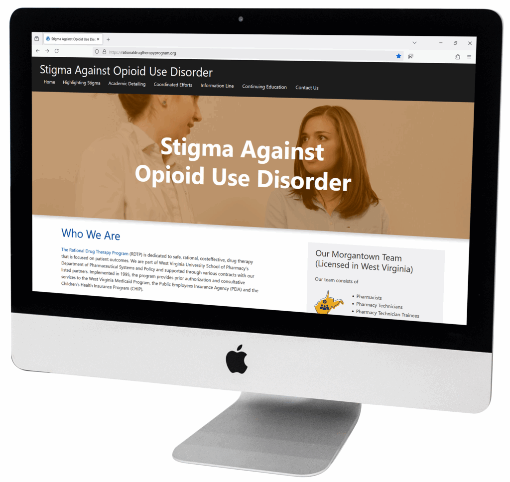 A computer monitor showing the Stigma Against Opioid Use Disorder website